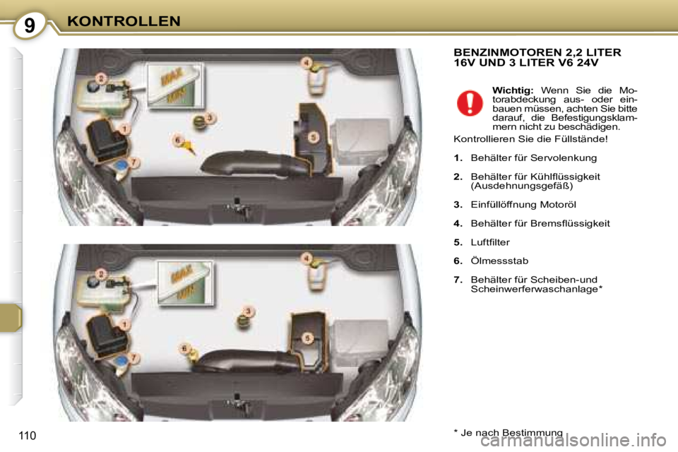 Peugeot 407 2008  Betriebsanleitung (in German) 9KONTROLLEN
110
 BENZINMOTOREN 2,2 LITER 16V UND 3 LITER V6 24V 
  *   Je nach Bestimmung     
Wichtig:    Wenn  Sie  die  Mo-
torabdeckung  aus-  oder  ein- 
bauen müssen, achten Sie bitte 
darauf, 