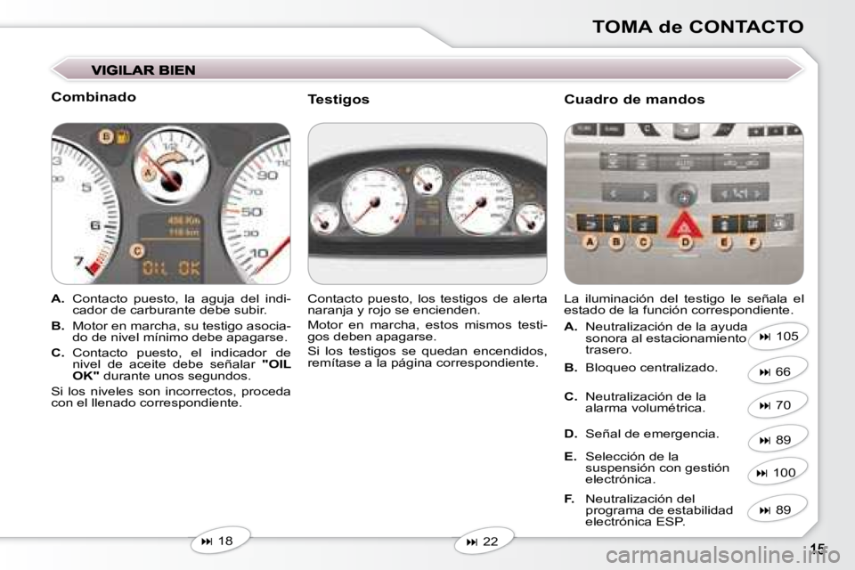 Peugeot 407 2008  Manual del propietario (in Spanish) TOMA de CONTACTO
  Combinado  
   
A.    Contacto  puesto,  la  aguja  del  indi-
cador de carburante debe subir. 
  
B.    Motor en marcha, su testigo asocia-
do de nivel mínimo debe apagarse. 
  
C