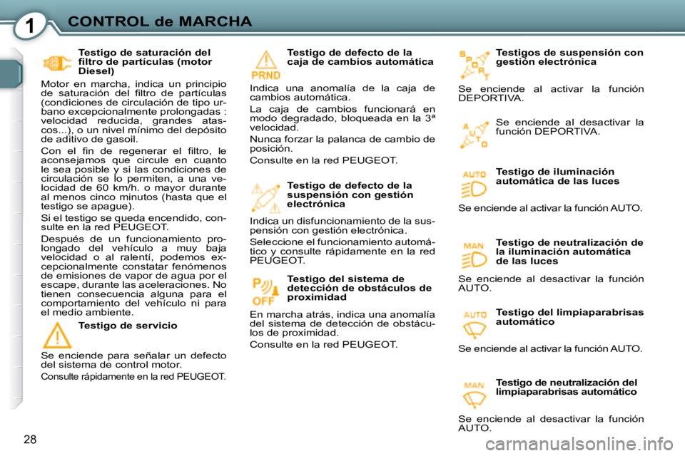 Peugeot 407 2008  Manual del propietario (in Spanish) 1CONTROL de MARCHA
28
  Testigos de suspensión con  
gestión electrónica 
 Se  enciende  al  activar  la  función 
DEPORTIVA. 
  Testigo de iluminación 
automática de las luces 
 Se enciende al 
