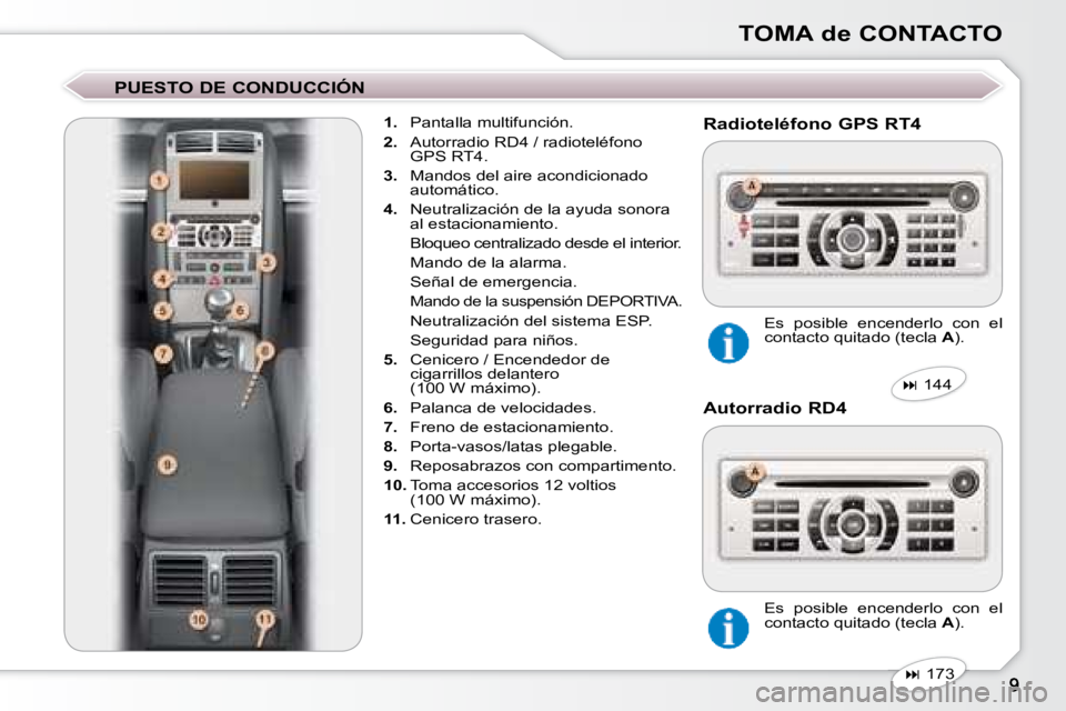 Peugeot 407 2008  Manual del propietario (in Spanish) TOMA de CONTACTO
  PUESTO DE CONDUCCIÓN     
1.    Pantalla multifunción. 
  
2.    Autorradio RD4 / radioteléfono 
GPS RT4. 
  
3.    Mandos del aire acondicionado 
automático. 
  
4.    Neutrali