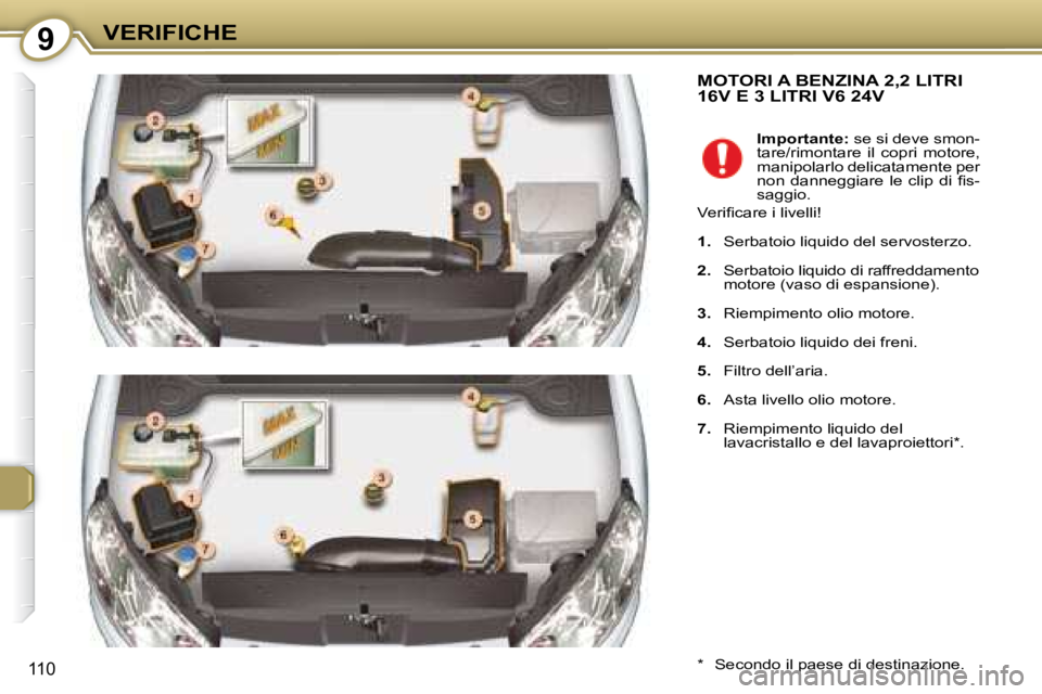 Peugeot 407 2008  Manuale del proprietario (in Italian) 9VERIFICHE
110
 MOTORI A BENZINA 2,2 LITRI 16V E 3 LITRI V6 24V 
  *    Secondo il paese di destinazione.  
   
Importante:   se si deve smon-
tare/rimontare  il  copri  motore,  
manipolarlo delicata