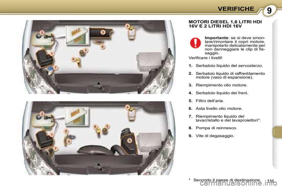 Peugeot 407 2008  Manuale del proprietario (in Italian) 9VERIFICHE
111
 MOTORI DIESEL 1,6 LITRI HDI 16V E 2 LITRI HDI 16V 
  *    Secondo il paese di destinazione.  
   
Importante  : se si deve smon-
tare/rimontare  il  copri  motore,  
manipolarlo delica