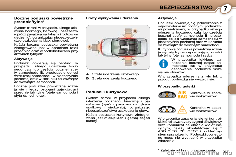 Peugeot 407 2008  Instrukcja Obsługi (in Polish) 7�B�E�Z�P�I�E�C�Z�E0�S�T�W�O
�9�5
� � �B�o�c�z�n�e� �p�o�d�u�s�z�k�i� �p�o�w�i�e�t�r�z�n�e�  
�p�r�z�e�d�n�i�e�/�t�y�l�n�e� �*� �  
� �S�y�s�t�e�m� �c�h�r�o�n�i�,� �w� �p�r�z�y�p�a�d�k�u� �s�i�l�n�e�