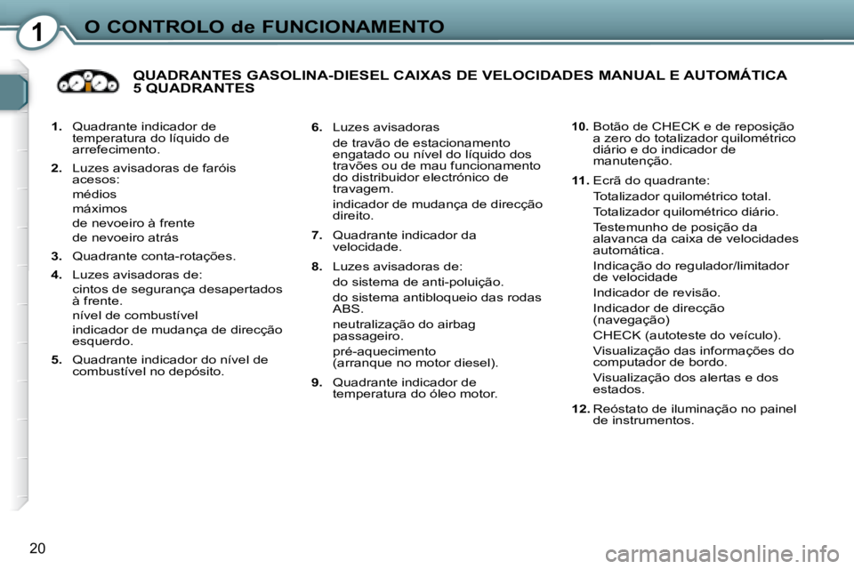 Peugeot 407 2008 Manual do proprietário (in Portuguese) 1O CONTROLO de FUNCIONAMENTO
20
1. Quadrante indicador de
temperatura do líquido de
arrefecimento.
2. Luzes avisadoras de faróis
acesos:
médios
máximos
de nevoeiro Peugeot 407 2008 Manual do proprietário (in Portuguese) 1O CONTROLO de FUNCIONAMENTO
20
1. Quadrante indicador de
temperatura do líquido de
arrefecimento.
2. Luzes avisadoras de faróis
acesos:
médios
máximos
de nevoeiro