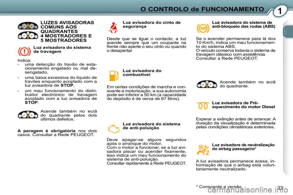 Peugeot 407 2008 Manual do proprietário (in Portuguese) 1O CONTROLO de FUNCIONAMENTO
23
Luz avisadora do sistema
de travagem
LUZES AVISADORAS COMUNS AOS QUADRANTES 4 MOSTRADORES E 5 MOSTRADORES
Indica:
- uma detecção do travão de es Peugeot 407 2008 Manual do proprietário (in Portuguese) 1O CONTROLO de FUNCIONAMENTO
23
Luz avisadora do sistema
de travagem
LUZES AVISADORAS COMUNS AOS QUADRANTES 4 MOSTRADORES E 5 MOSTRADORES
Indica:
- uma detecção do travão de es