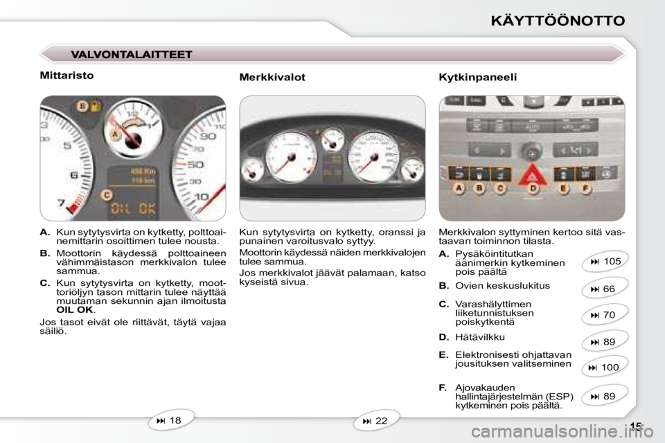 Peugeot 407 2008  Omistajan käsikirja (in Finnish) KÄYTTÖÖNOTTO
  Mittaristo  
   
A.    Kun sytytysvirta on kytketty, polttoai-
nemittarin osoittimen tulee nousta. 
  
B.    Moottorin  käydessä  polttoaineen 
vähimmäistason  merkkivalon  tulee