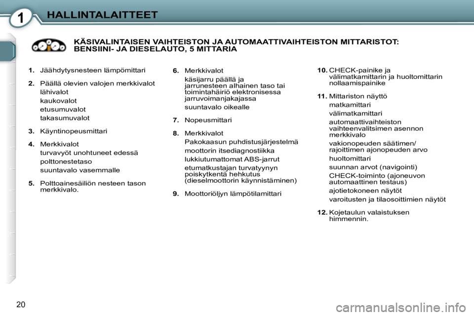 Peugeot 407 2008 Omistajan käsikirja (in Finnish) 1HALLINTALAITTEET
20
1. Jäähdytysnesteen lämpömittari
2. Päällä olevien valojen merkkivalot
lähivalot
kaukovalot
etusumuvalot
takasumuvalot
3. Käyntinop Peugeot 407 2008 Omistajan käsikirja (in Finnish) 1HALLINTALAITTEET
20
1. Jäähdytysnesteen lämpömittari
2. Päällä olevien valojen merkkivalot
lähivalot
kaukovalot
etusumuvalot
takasumuvalot
3. Käyntinop