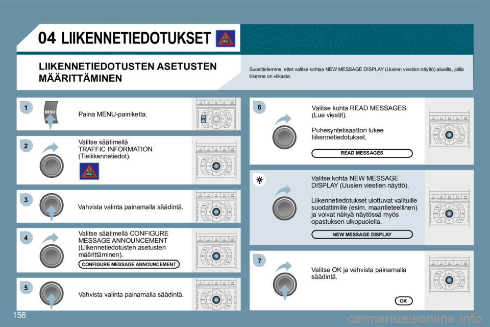 Peugeot 407 2008  Omistajan käsikirja (in Finnish) 11
22
33
44
66
55
77
04
156
 Paina MENU-painiketta. 
READ MESSAGES
NEW MESSAGE DISPLAY
OK
  LIIKENNETIEDOTUSTEN ASETUSTEN 
MÄÄRITTÄMINEN 
 Suosittelemme, ettet valitse kohtaa NEW MESSAGE DISPLAY (U