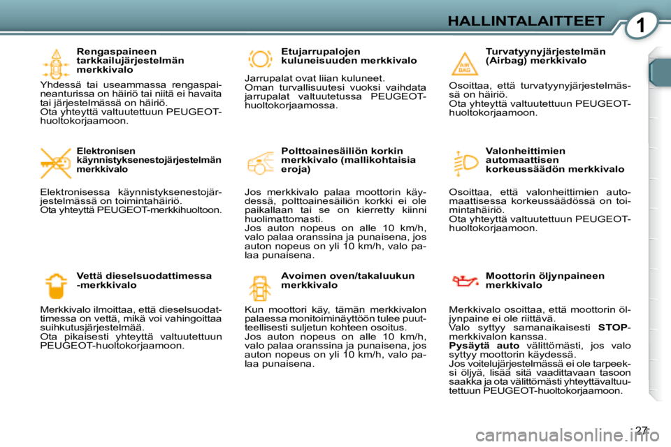 Peugeot 407 2008 Omistajan käsikirja (in Finnish) 1HALLINTALAITTEET
27
Rengaspaineen
tarkkailujärjestelmän
merkkivalo
Yhdessä tai useammassa rengaspai-
neanturissa on häiriö tai niitä ei havaita
tai järjestelmässä on häiriö.
Peugeot 407 2008 Omistajan käsikirja (in Finnish) 1HALLINTALAITTEET
27
Rengaspaineen
tarkkailujärjestelmän
merkkivalo
Yhdessä tai useammassa rengaspai-
neanturissa on häiriö tai niitä ei havaita
tai järjestelmässä on häiriö.