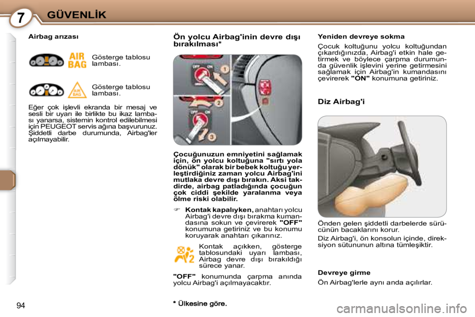 Peugeot 407 2008  Kullanım Kılavuzu (in Turkish) 7�G�Ü�V�E�N�L�İ�K
94
� � �Ö�n� �y�o�l�c�u� �A�i�r�b�a�g�'�i�n�i�n� �d�e�v�r�e� �d�ı�ş�ı�  
�b�ı�r�a�k�ı�l�m�a�s�ı� �*� �   Yeniden devreye sokma  
� �Ç�o�c�u�k�  �k�o�l�t�u�ğ�u�n�u�  �y