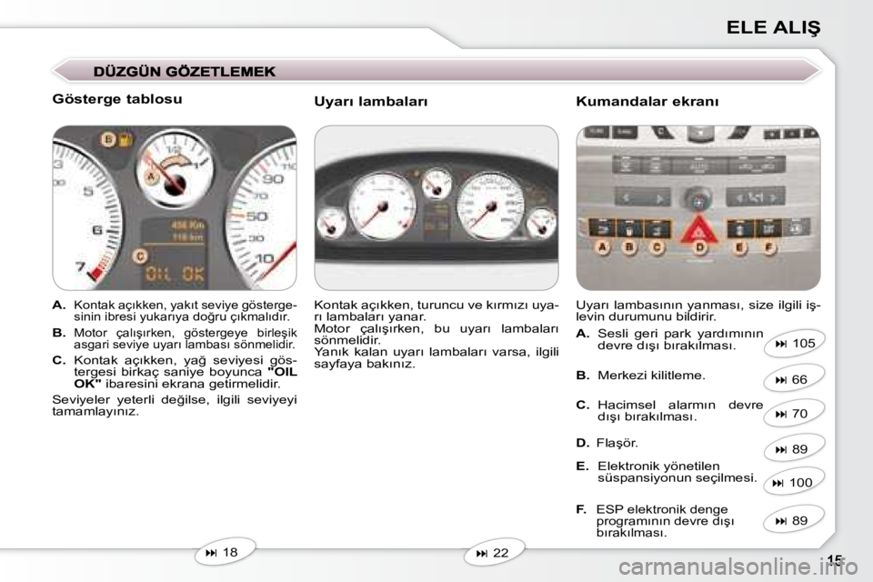 Peugeot 407 2008  Kullanım Kılavuzu (in Turkish) �E�L�E� �A�L�I�Ş
� � �G�ö�s�t�e�r�g�e� �t�a�b�l�o�s�u�  
   
A.   
�K�o�n�t�a�k� �a�ç�ı�k�k�e�n�,� �y�a�k�ı�t� �s�e�v�i�y�e� �g�ö�s�t�e�r�g�e�- 
�s�i�n�i�n� �i�b�r�e�s�i� �y�u�k�a�r�ı�y�a� �d�o