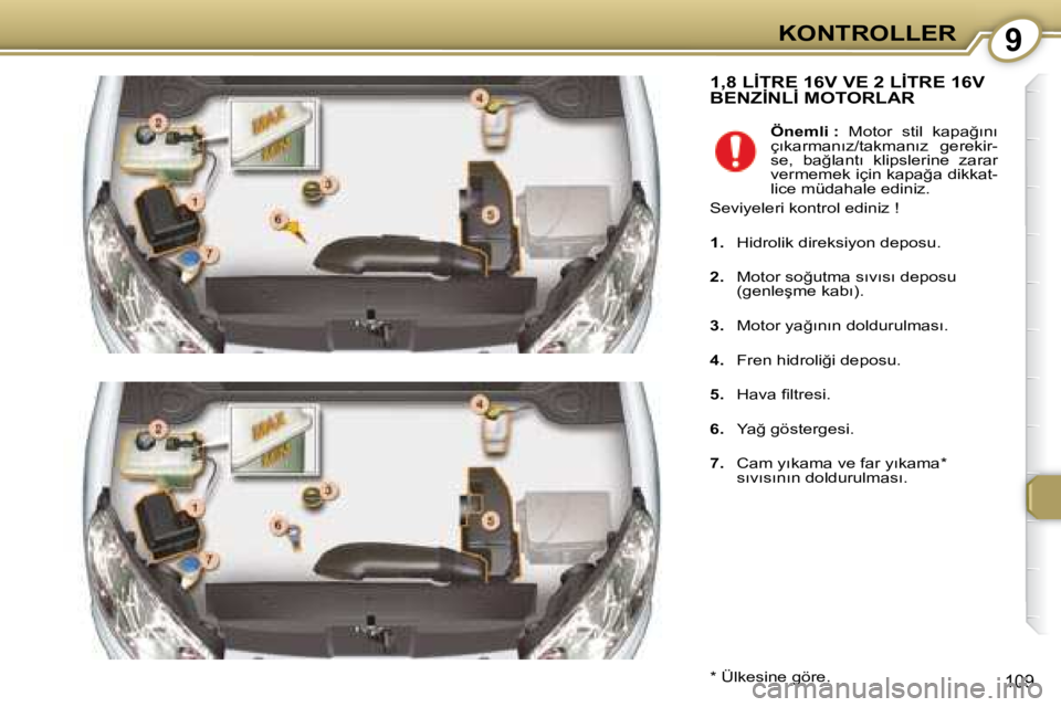 Peugeot 407 2008  Kullanım Kılavuzu (in Turkish) 9�K�O�N�T�R�O�L�L�E�R
109
� �1�,�8� �L�İ�T�R�E� �1�6�V� �V�E� �2� �L�İ�T�R�E� �1�6�V� �B�E�N�Z�İ�N�L�İ� �M�O�T�O�R�L�A�R� � �1�,�8� �L�İ�T�R�E� �1�6�V� �V�E� �2� �L�İ�T�R�E� �1�6�V� � �1�,�8� �L