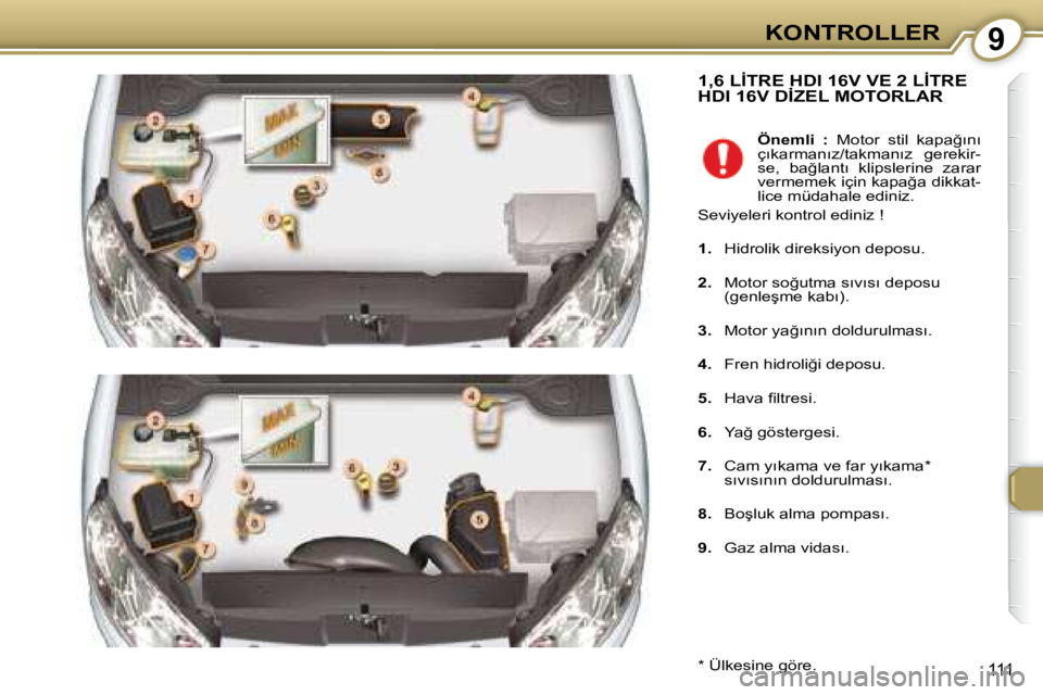 Peugeot 407 2008  Kullanım Kılavuzu (in Turkish) 9�K�O�N�T�R�O�L�L�E�R
111
� �1�,�6� �L�İ�T�R�E� �H�D�I� �1�6�V� �V�E� �2� �L�İ�T�R�E� �H�D�I� �1�6�V� �D�İ�Z�E�L� �M�O�T�O�R�L�A�R� � �1�,�6� �L�İ�T�R�E� �H�D�I� �1�6�V� �V�E� �2� �L�İ�T�R�E� � �