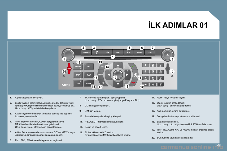 Peugeot 407 2008  Kullanım Kılavuzu (in Turkish) 11
�2�0�2�0
88
99
55
44
3322
1919
16161111
�1�0�1�01818
1212
6677
1313
1515
1414
1717
�0�1
�1�4�5
1. �  �A�ç�m�a�/�k�a�p�a�m�a� �v�e� �s�e�s� �a�y�a�r�ı�.� 
2.�S�e�s� �k�a�y�n�a�ğ�ı�n�ı�n� �s�e�