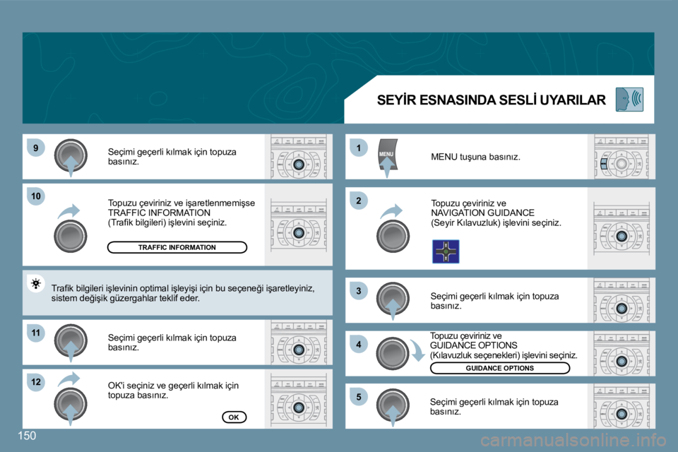 Peugeot 407 2008  Kullanım Kılavuzu (in Turkish) 99
�1�0�1�0
1111
1212
11
22
33
44
55
�1�5�0
� �T�o�p�u�z�u� �ç�e�v�i�r�i�n�i�z� �v�e� �i�ş�a�r�e�t�l�e�n�m�e�m�i�ş�s�e� �T�R�A�F�F�I�C� �I�N�F�O�R�M�A�T�I�O�N� �(�T�r�a�ﬁ� �k� �b�i�l�g�i�l�e�r�i�