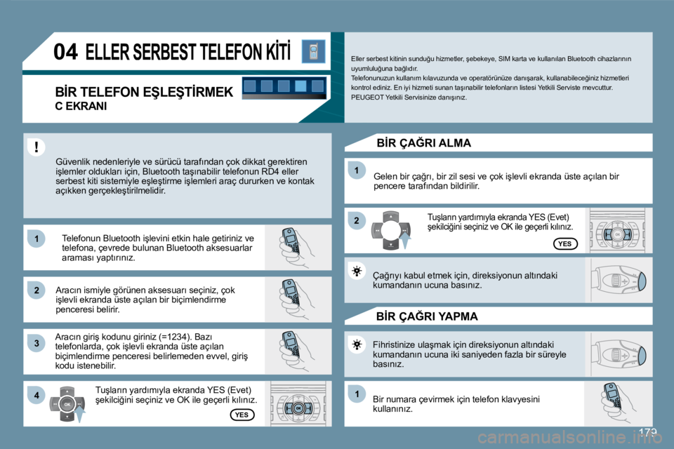 Peugeot 407 2008  Kullanım Kılavuzu (in Turkish) 11
22
33
11
22
4411
�0�4
179
� �E�L�L�E�R� �S�E�R�B�E�S�T� �T�E�L�E�F�O�N� �K�İ�T�İ� � 
� � �C� �E�K�R�A�N�I� 
� �G�ü�v�e�n�l�i�k� �n�e�d�e�n�l�e�r�i�y�l�e� �v�e� �s�ü�r�ü�c�ü� �t�a�r�a�f�ı�n�d