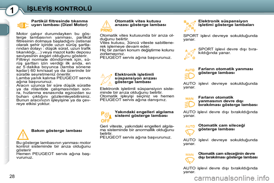 Peugeot 407 2008  Kullanım Kılavuzu (in Turkish) 1�İ�Ş�L�E�Y�İ�Ş� �K�O�N�T�R�O�L�Ü
28
� � �E�l�e�k�t�r�o�n�i�k� �s�ü�s�p�a�n�s�i�y�o�n�  
�i�ş�l�e�t�i�m�i� �g�ö�s�t�e�r�g�e� �l�a�m�b�a�l�a�r�ı� 
� �S�P�O�R�T�  �i�ş�l�e�v�i�  �d�e�v�r�e�y�e