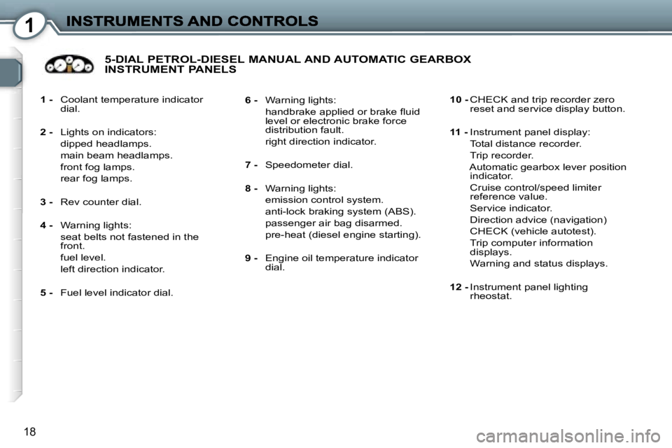 Peugeot 407 2007  Owners Manual �1
�1�8
�1� �-� �C�o�o�l�a�n�t� �t�e�m�p�e�r�a�t�u�r�e� �i�n�d�i�c�a�t�o�r� �d�i�a�l�.
�2� �-�  �L�i�g�h�t�s� �o�n� �i�n�d�i�c�a�t�o�r�s�:
�  �d�i�p�p�e�d� �h�e�a�d�l�a�m�p�s�.
�  �m�a�i�n� �b�e�a�m� 