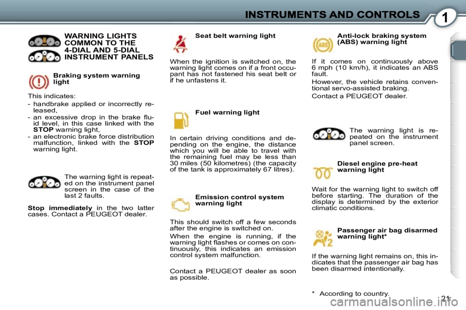 Peugeot 407 2007  Owners Manual �1
�2�1
�B�r�a�k�i�n�g� �s�y�s�t�e�m� �w�a�r�n�i�n�g� �l�i�g�h�t
�W�A�R�N�I�N�G� �L�I�G�H�T�S�  
�C�O�M�M�O�N� �T�O� �T�H�E� 
�4�-�D�I�A�L� �A�N�D� �5�-�D�I�A�L� 
�I�N�S�T�R�U�M�E�N�T� �P�A�N�E�L�S
�T