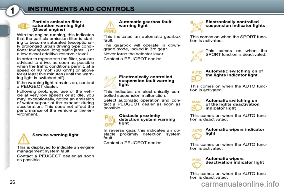 Peugeot 407 2007  Owners Manual �1
�2�6
�E�l�e�c�t�r�o�n�i�c�a�l�l�y� �c�o�n�t�r�o�l�l�e�d� �s�u�s�p�e�n�s�i�o�n� �i�n�d�i�c�a�t�o�r� �l�i�g�h�t�s
�T�h�i�s� �c�o�m�e�s� �o�n� �w�h�e�n� �t�h�e� �S�P�O�R�T� �f�u�n�c�-�t�i�o�n� �i�s� �