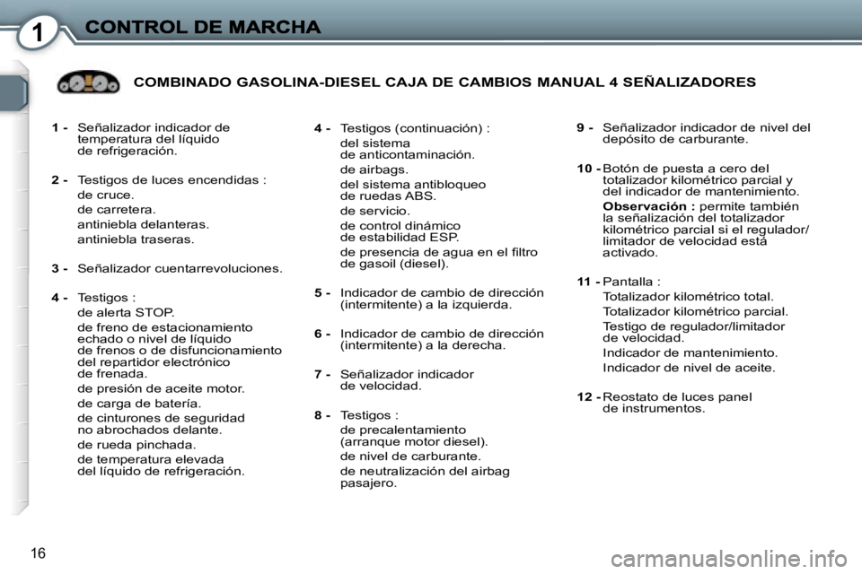 Peugeot 407 2007  Manual del propietario (in Spanish) �1
�1�6
�1� �-�  �S�e�ñ�a�l�i�z�a�d�o�r� �i�n�d�i�c�a�d�o�r� �d�e� �t�e�m�p�e�r�a�t�u�r�a� �d�e�l� �l�í�q�u�i�d�o� �d�e� �r�e�f�r�i�g�e�r�a�c�i�ó�n�.
�2� �-� �T�e�s�t�i�g�o�s� �d�e� �l�u�c�e�s� �e�