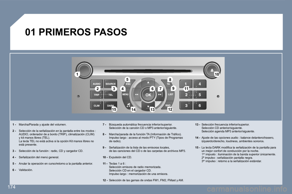 Peugeot 407 2007  Manual del propietario (in Spanish) �1�1
�2�2�3�3�4�4
�5�5
�6�6�7�7
�1�0�1�0
�1�1�1�1
�1�2�1�2�1�3�1�3�1�4�1�4�1�5�1�5
�8�8
�9�9
�1�7�4
�0�1� �P�R�I�M�E�R�O�S� �P�A�S�O�S
�1� �-�  �M�a�r�c�h�a�/�P�a�r�a�d�a� �y� �a�j�u�s�t�e� �d�e�l� �v