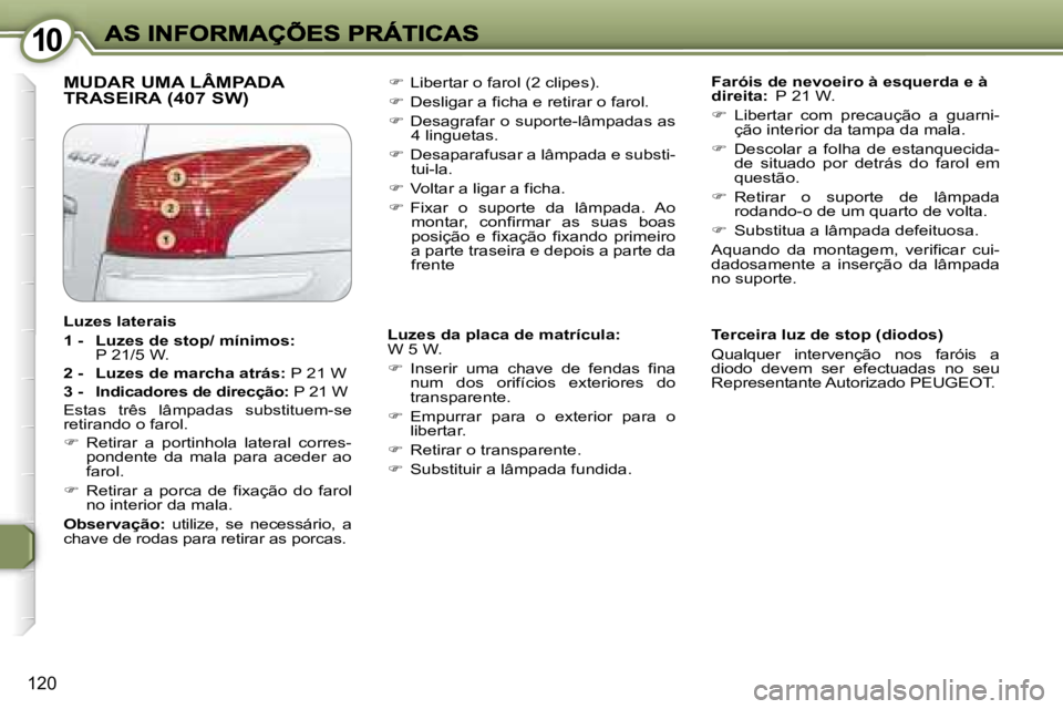 Peugeot 407 2007  Manual do proprietário (in Portuguese) �1�0�1�0
�1�2�0
�M�U�D�A�R� �U�M�A� �L�Â�M�P�A�D�A�  
�T�R�A�S�E�I�R�A� �(�4�0�7� �S�W�)�F�a�r�ó�i�s� �d�e� �n�e�v�o�e�i�r�o� �à� �e�s�q�u�e�r�d�a� �e� �à� �d�i�r�e�i�t�a�:� �P� �2�1� �W�.
��  
