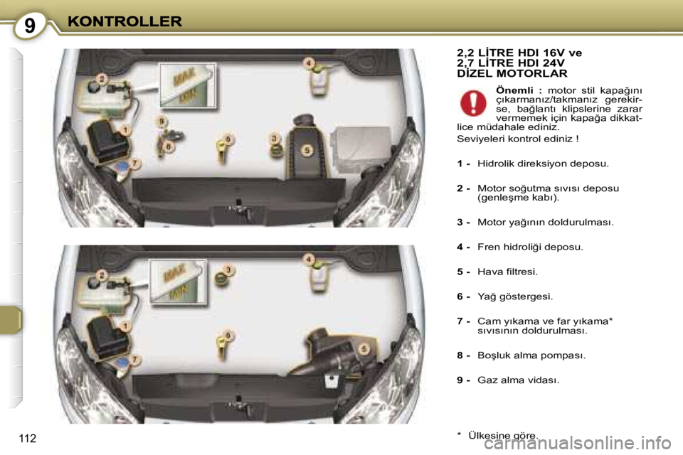 Peugeot 407 2007  Kullanım Kılavuzu (in Turkish) �9
�1�1�2
�2�,�2� �L�İ�T�R�E� �H�D�I� �1�6�V� �v�e�  
�2�,�7� �L�İ�T�R�E� �H�D�I� �2�4�V� 
�D�İ�Z�E�L� �M�O�T�O�R�L�A�R
�*�  �Ü�l�k�e�s�i�n�e� �g�ö�r�e�.
�Ö�n�e�m�l�i�  �:� �m�o�t�o�r�  �s�t�i�l