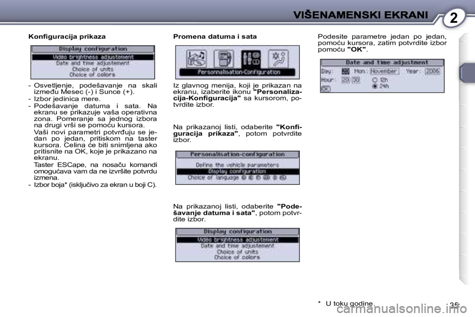 Peugeot 407 2007  Упутство за употребу (in Serbian) �2
�3�5
�K�o�n�ﬁ�g�u�r�a�c�i�j�a� �p�r�i�k�a�z�a�P�r�o�m�e�n�a� �d�a�t�u�m�a� �i� �s�a�t�a�P�o�d�e�s�i�t�e�  �p�a�r�a�m�e�t�r�e�  �j�e�d�a�n�  �p�o�  �j�e�d�a�n�,� �p�o�m�o�ć�u� �k�u�r�s�o�r�a�,� �