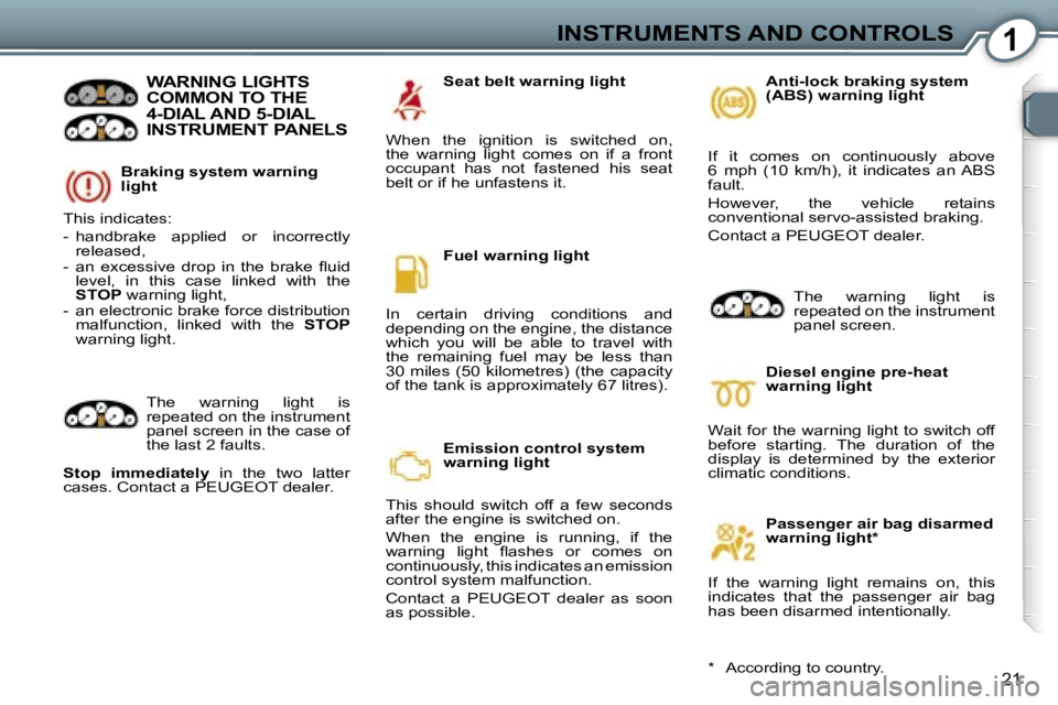 Peugeot 407 2006  Owners Manual �1�I�N�S�T�R�U�M�E�N�T�S� �A�N�D� �C�O�N�T�R�O�L�S
�2�1
�B�r�a�k�i�n�g� �s�y�s�t�e�m� �w�a�r�n�i�n�g�  
�l�i�g�h�t
�W�A�R�N�I�N�G� �L�I�G�H�T�S�  
�C�O�M�M�O�N� �T�O� �T�H�E� 
�4�-�D�I�A�L� �A�N�D� �5