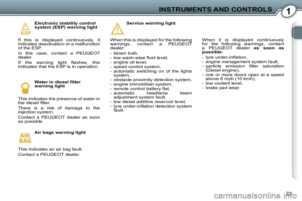 Peugeot 407 2006  Owners Manual �1�I�N�S�T�R�U�M�E�N�T�S� �A�N�D� �C�O�N�T�R�O�L�S
�2�3
�E�l�e�c�t�r�o�n�i�c� �s�t�a�b�i�l�i�t�y� �c�o�n�t�r�o�l�  
�s�y�s�t�e�m� �(�E�S�P�)� �w�a�r�n�i�n�g� �l�i�g�h�t
�I�f�  �t�h�i�s�  �i�s�  �d�i�s