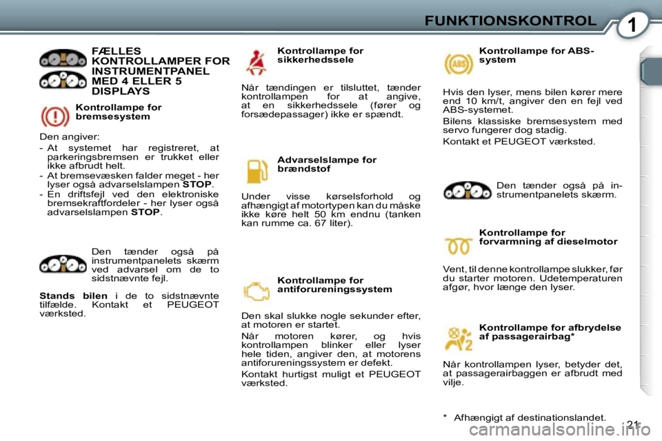 Peugeot 407 2006  Instruktionsbog (in Danish) �1�F�U�N�K�T�I�O�N�S�K�O�N�T�R�O�L
�2�1
�K�o�n�t�r�o�l�l�a�m�p�e� �f�o�r�  
�b�r�e�m�s�e�s�y�s�t�e�m
�F�Æ�L�L�E�S�  
�K�O�N�T�R�O�L�L�A�M�P�E�R� �F�O�R� 
�I�N�S�T�R�U�M�E�N�T�P�A�N�E�L� 
�M�E�D� �4� 