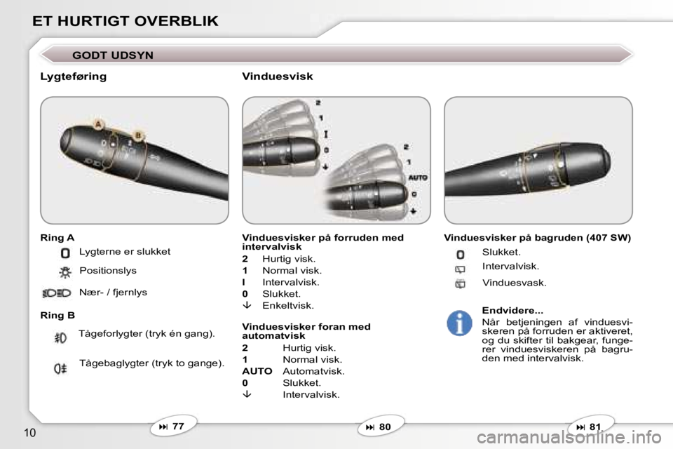Peugeot 407 2006  Instruktionsbog (in Danish) �1�0
�E�T� �H�U�R�T�I�G�T� �O�V�E�R�B�L�I�K
�G�O�D�T� �U�D�S�Y�N
�L�y�g�t�e�f�ø�r�i�n�g
�R�i�n�g� �A 
�R�i�n�g� �B�V�i�n�d�u�e�s�v�i�s�k�e�r� �p�å� �f�o�r�r�u�d�e�n� �m�e�d�  
�i�n�t�e�r�v�a�l�v�i�s