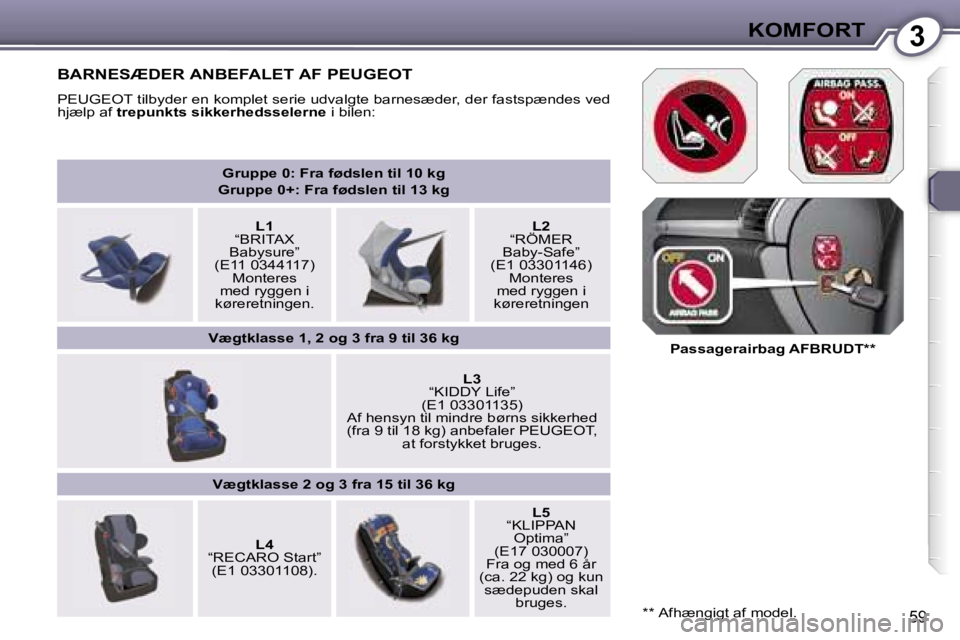 Peugeot 407 2006  Instruktionsbog (in Danish) �3�K�O�M�F�O�R�T
�5�9
�G�r�u�p�p�e� �0�:� �F�r�a� �f�ø�d�s�l�e�n� �t�i�l� �1�0� �k�g
�G�r�u�p�p�e� �0�+�:� �F�r�a� �f�ø�d�s�l�e�n� �t�i�l� �1�3� �k�g
�L�1
�“�B�R�I�T�A�X� 
�B�a�b�y�s�u�r�e�”
�(�