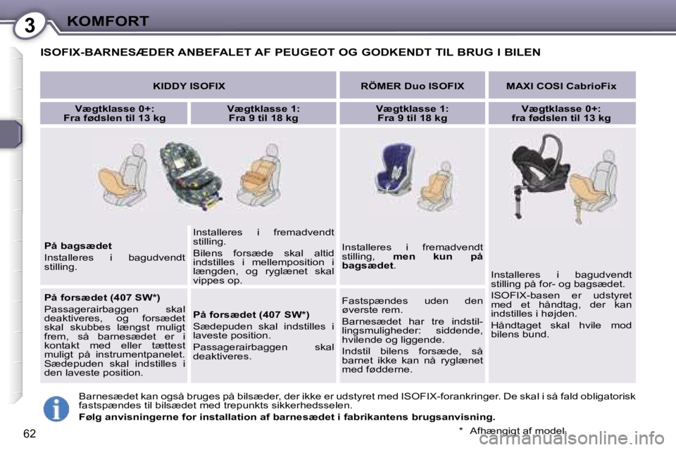 Peugeot 407 2006  Instruktionsbog (in Danish) �3�K�O�M�F�O�R�T
�6�2
�I�S�O�F�I�X�-�B�A�R�N�E�S�Æ�D�E�R� �A�N�B�E�F�A�L�E�T� �A�F� �P�E�U�G�E�O�T� �O�G� �G�O�D�K�E�N�D�T� �T�I�L� �B�R�U�G� �I� �B�I�L�E�N
�K�I�D�D�Y� �I�S�O�F�I�X �R�Ö�M�E�R� �D�u