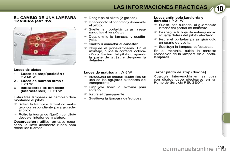 Peugeot 407 2006  Manual del propietario (in Spanish) �1�0�L�A�S� �I�N�F�O�R�M�A�C�I�O�N�E�S� �P�R�Á�C�T�I�C�A�S
�1�1�9
�E�L� �C�A�M�B�I�O� �D�E� �U�N�A� �L�Á�M�P�A�R�A�  
�T�R�A�S�E�R�A� �(�4�0�7� �S�W�)�L�u�c�e�s� �a�n�t�i�n�i�e�b�l�a� �i�z�q�u�i�e�r