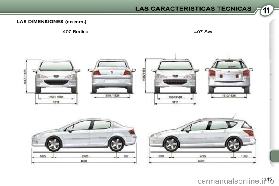 Peugeot 407 2006  Manual del propietario (in Spanish) �1�1�L�A�S� �C�A�R�A�C�T�E�R�Í�S�T�I�C�A�S� �T�É�C�N�I�C�A�S
�1�4�5
�L�A�S� �D�I�M�E�N�S�I�O�N�E�S� �(�e�n� �m�m�.�)�4�0�7� �B�e�r�l�i�n�a �4�0�7� �S�W   