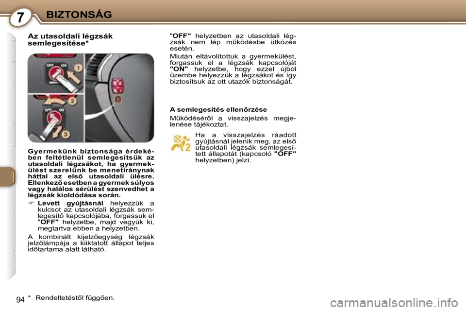 Peugeot 407 2006  Kezelési útmutató (in Hungarian) �7�B�I�Z�T�O�N�S�Á�G
�9�4
�A�z� �u�t�a�s�o�l�d�a�l�i� �l�é�g�z�s�á�k�  
�s�e�m�l�e�g�e�s�í�t�é�s�e�*�"�O�F�F�"�  �h�e�l�y�z�e�t�b�e�n�  �a�z�  �u�t�a�s�o�l�d�a�l�i�  �l�é�g�-
�z�s�á�k� 