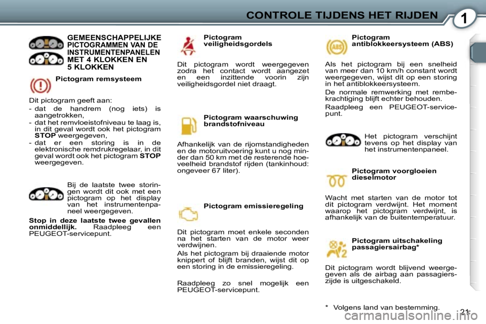 Peugeot 407 2006  Handleiding (in Dutch) �1�C�O�N�T�R�O�L�E� �T�I�J�D�E�N�S� �H�E�T� �R�I�J�D�E�N
�2�1
�P�i�c�t�o�g�r�a�m� �r�e�m�s�y�s�t�e�e�m
�G�E�M�E�E�N�S�C�H�A�P�P�E�L�I�J�K�E� �P�I�C�T�O�G�R�A�M�M�E�N� �V�A�N� �D�E�  
�I�N�S�T�R�U�M�E�
