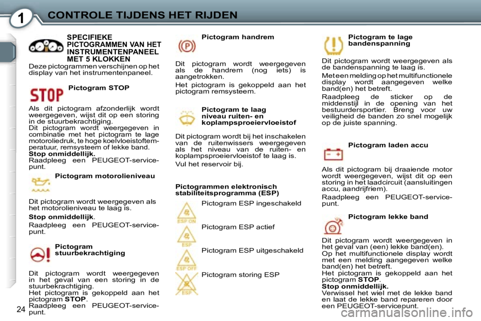 Peugeot 407 2006  Handleiding (in Dutch) �1�C�O�N�T�R�O�L�E� �T�I�J�D�E�N�S� �H�E�T� �R�I�J�D�E�N
�2�4
�P�i�c�t�o�g�r�a�m� �l�a�d�e�n� �a�c�c�u
�A�l�s�  �d�i�t�  �p�i�c�t�o�g�r�a�m�  �b�i�j�  �d�r�a�a�i�e�n�d�e�  �m�o�t�o�r�  
�w�o�r�d�t�  �