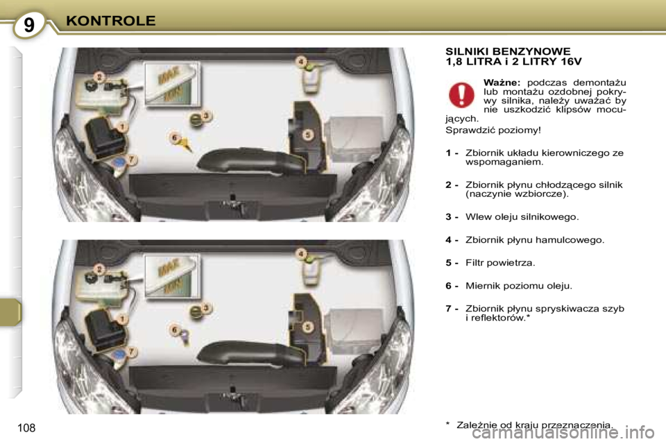 Peugeot 407 2006  Instrukcja Obsługi (in Polish) �9�K�O�N�T�R�O�L�E
�1�0�8
�S�I�L�N�I�K�I� �B�E�N�Z�Y�N�O�W�E�  
�1�,�8� �L�I�T�R�A� �i� �2� �L�I�T�R�Y� �1�6�V
�*�  �Z�a�l�eG�n�i�e� �o�d� �k�r�a�j�u� �p�r�z�e�z�n�a�c�z�e�n�i�a�.�W�aG�n�e�:� 
�p�o�