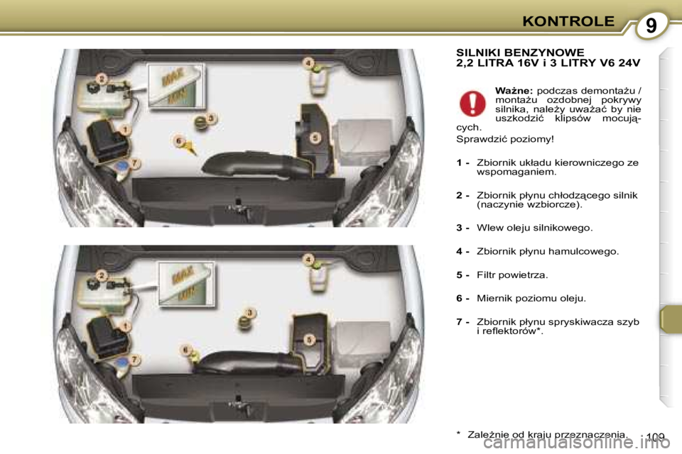 Peugeot 407 2006  Instrukcja Obsługi (in Polish) �9�K�O�N�T�R�O�L�E
�1�0�9
�S�I�L�N�I�K�I� �B�E�N�Z�Y�N�O�W�E� �2�,�2� �L�I�T�R�A� �1�6�V� �i� �3� �L�I�T�R�Y� �V�6� �2�4�V
�*�  �Z�a�l�eG�n�i�e� �o�d� �k�r�a�j�u� �p�r�z�e�z�n�a�c�z�e�n�i�a�.�W�aG�n