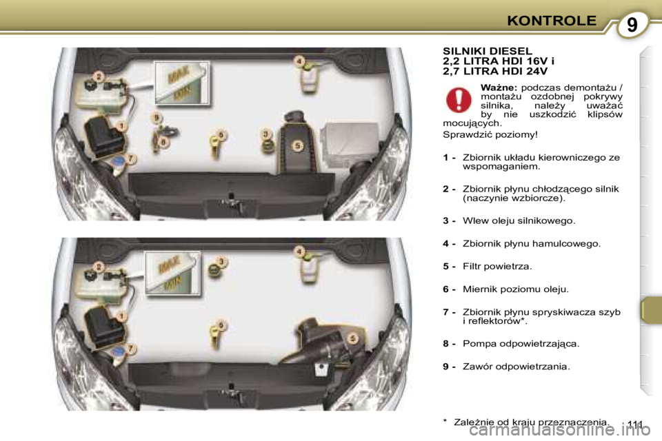 Peugeot 407 2006  Instrukcja Obsługi (in Polish) �9�K�O�N�T�R�O�L�E
�1�1�1
�S�I�L�N�I�K�I� �D�I�E�S�E�L� �2�,�2� �L�I�T�R�A� �H�D�I� �1�6�V� �i�  
�2�,�7� �L�I�T�R�A� �H�D�I� �2�4�V
�*�  �Z�a�l�eG�n�i�e� �o�d� �k�r�a�j�u� �p�r�z�e�z�n�a�c�z�e�n�i�a