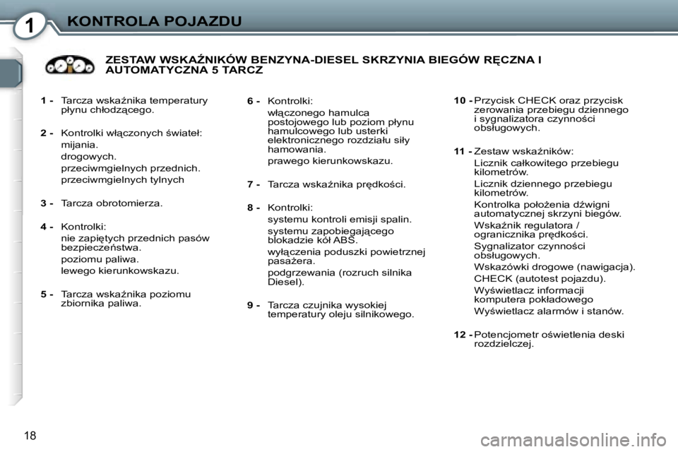 Peugeot 407 2006  Instrukcja Obsługi (in Polish) �1�K�O�N�T�R�O�L�A� �P�O�J�A�Z�D�U
�1�8
�1� �-�  �T�a�r�c�z�a� �w�s�k�aE�n�i�k�a� �t�e�m�p�e�r�a�t�u�r�y� 
�p�ł�y�n�u� �c�h�ł�o�d�z"�c�e�g�o�.
�2� �- �  �K�o�n�t�r�o�l�k�i� �w�ł"�c�z�o�n