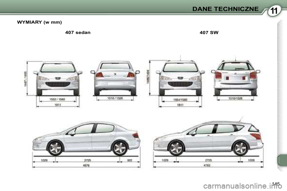 Peugeot 407 2006  Instrukcja Obsługi (in Polish) �1�1�D�A�N�E� �T�E�C�H�N�I�C�Z�N�E
�1�4�5
�W�Y�M�I�A�R�Y� �(�w� �m�m�)�4�0�7� �s�e�d�a�n �4�0�7� �S�W   