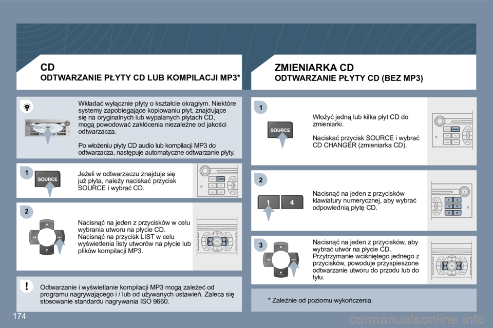 Peugeot 407 2006  Instrukcja Obsługi (in Polish) �1 
�2 
�3
�1 
�2
�1�7�4
�Z�M�I�E�N�I�A�R�K�A� �C�D
�O�D�T�W�A�R�Z�A�N�I�E� �P�Ł�Y�T�Y� �C�D� �(�B�E�Z� �M�P�3�)
�W�ł�oG�y�ć� �j�e�d�n"� �l�u�b� �k�i�l�k�a� �p�ł�y�t� �C�D� �d�o�  
�z�m�i�e�