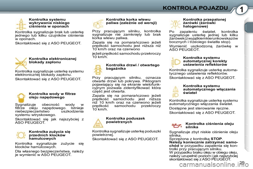 Peugeot 407 2006  Instrukcja Obsługi (in Polish) �1�K�O�N�T�R�O�L�A� �P�O�J�A�Z�D�U
�2�5
�K�o�n�t�r�o�l�k�a� �s�y�s�t�e�m�u�  
�w�y�k�r�y�w�a�n�i�a� �n�i�s�k�i�e�g�o� 
�c�i;�n�i�e�n�i�a� �w� �o�p�o�n�a�c�h
�K�o�n�t�r�o�l�k�a� �s�y�g�n�a�l�i�z�u�j�e