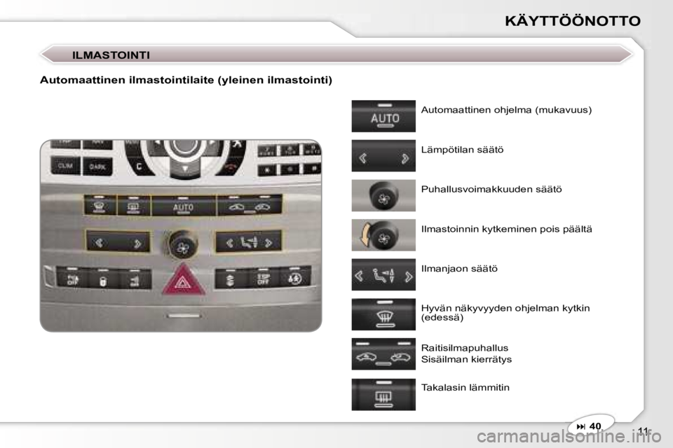 Peugeot 407 2006  Omistajan käsikirja (in Finnish) �1�1
�K�Ä�Y�T�T�Ö�Ö�N�O�T�T�O
�I�L�M�A�S�T�O�I�N�T�I
�A�u�t�o�m�a�a�t�t�i�n�e�n� �i�l�m�a�s�t�o�i�n�t�i�l�a�i�t�e� �(�y�l�e�i�n�e�n� �i�l�m�a�s�t�o�i�n�t�i�)
�A�u�t�o�m�a�a�t�t�i�n�e�n� �o�h�j�e�l�