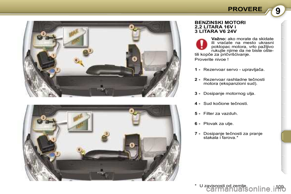 Peugeot 407 2006  Упутство за употребу (in Serbian) �9�P�R�O�V�E�R�E
�1�0�9
�B�E�N�Z�I�N�S�K�I� �M�O�T�O�R�I�  
�2�,�2� �L�I�T�A�R�A� �1�6�V� �i� 
�3� �L�I�T�A�R�A� �V�6� �2�4�V
�*�  �U� �z�a�v�i�s�n�o�s�t�i� �o�d� �z�e�m�l�j�e�.�V�a�ž�n�o�:
� �a�k�o�