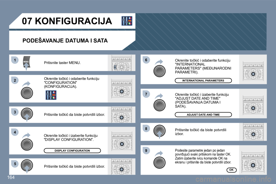 Peugeot 407 2006  Упутство за употребу (in Serbian) �1 
�2 
�3 
�4�5 �6 
�7 
�8 
�9
�0�7� �K�O�N�F�I�G�U�R�A�C�I�J�A� 
�P�O�D�E�Š�A�V�A�N�J�E� �D�A�T�U�M�A� �I� �S�A�T�A� � 
�P�r�i�t�i�s�n�i�t�e� �t�a�s�t�e�r� �M�E�N�U�.�  
�O�k�r�e�n�i�t�e� �t�o�č�k